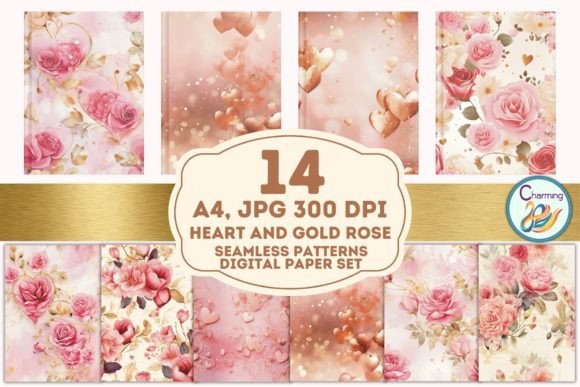 A4 Digital Papers Set Heart Gold Rose