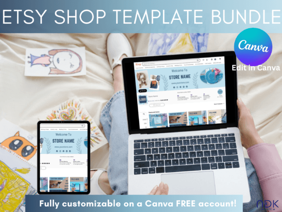 Blue Etsy Shop Listing Templates Canva: A Boho Minimalist Branding Solution
