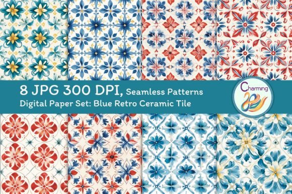 Digital Papers Set Blue Retro Ceramic: Elevating Your Creative Projects with Seamless Quality