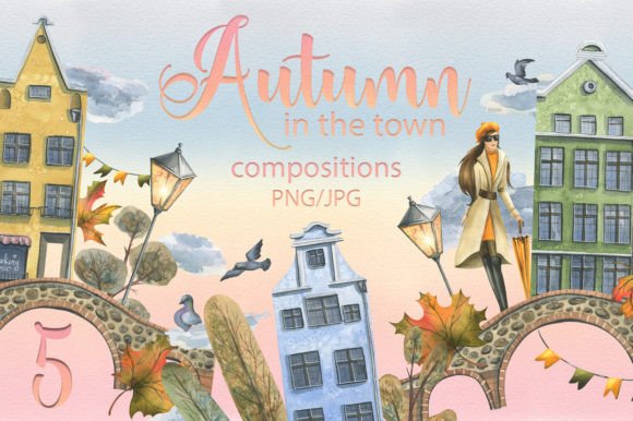Houses in Autumn Watercolor Clip Art