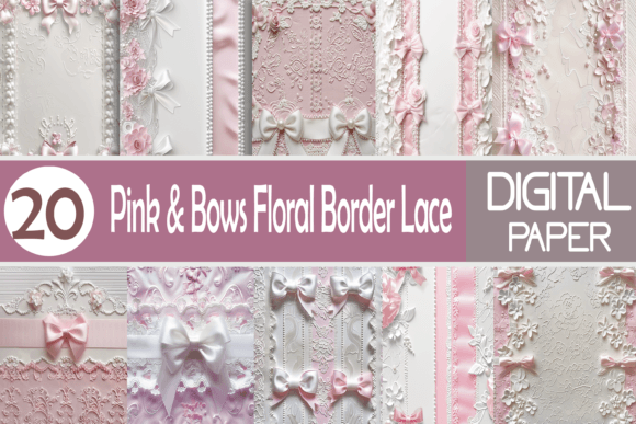 Pink Bows Floral Border Lace Background Bundle