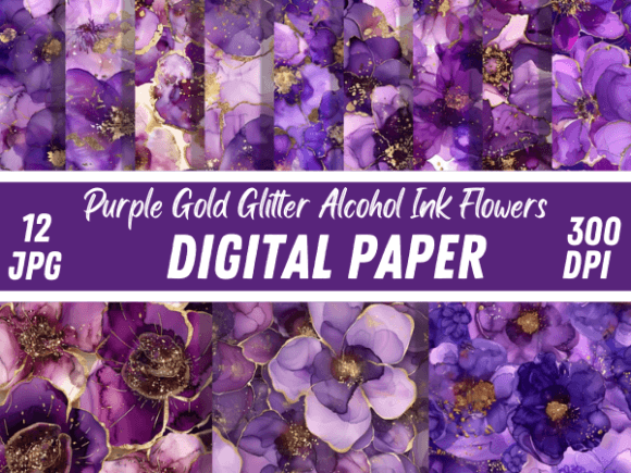 Purple Gold Glitter Alcohol Ink Flowers: Elevating Your Creative Projects with Luxury Digital Textures