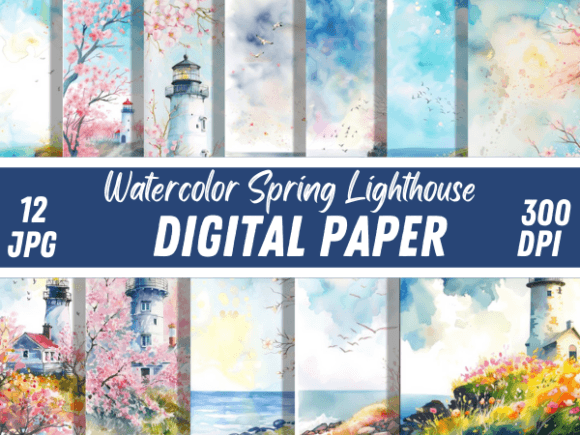 Watercolor Spring Lighthouse Papers Set: Elevate Your Digital Crafts with Coastal Serenity