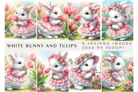 White Bunny and Tulips Background: Elegant Spring Design Assets
